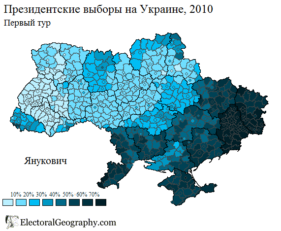 Голосование за Януковича и изменение по сравнению с выборами 2007 г. 