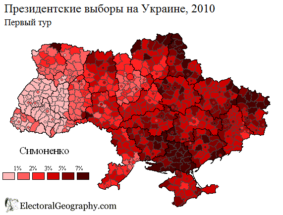 Карта голосования за Симоненко по районам 