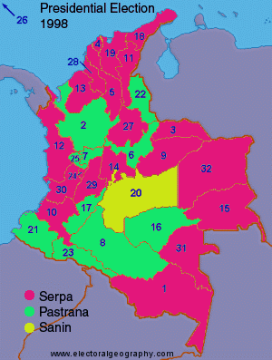 Map of the presidential elections in Colombia 1998