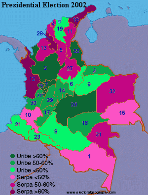 Map of the presidential elections in Colombia 2002