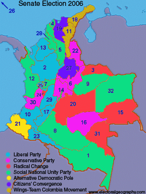 Map of the legislative elections in Colombia 2006