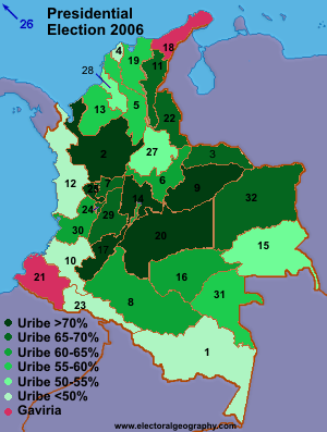 Map of the presidential elections in Colombia 2006