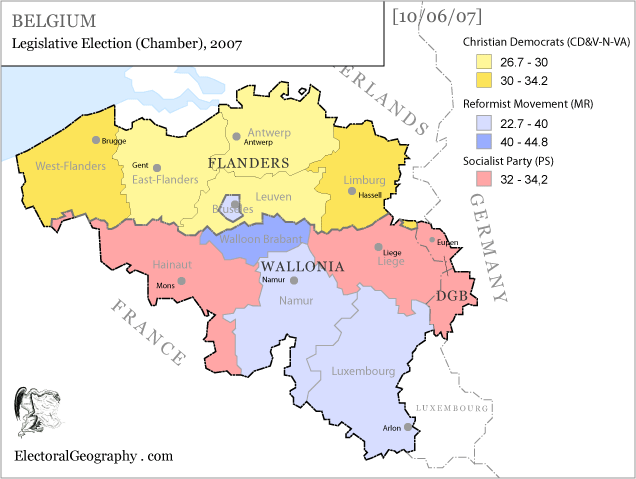 Карта результатов выборов в парламент Бельгии 2007 нижняя палата