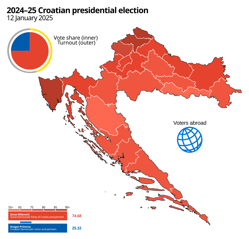 Croatia Election 2024 25 Electoral Geography 2 0 2024-25 Croatian Election Map Second Round.svg 
