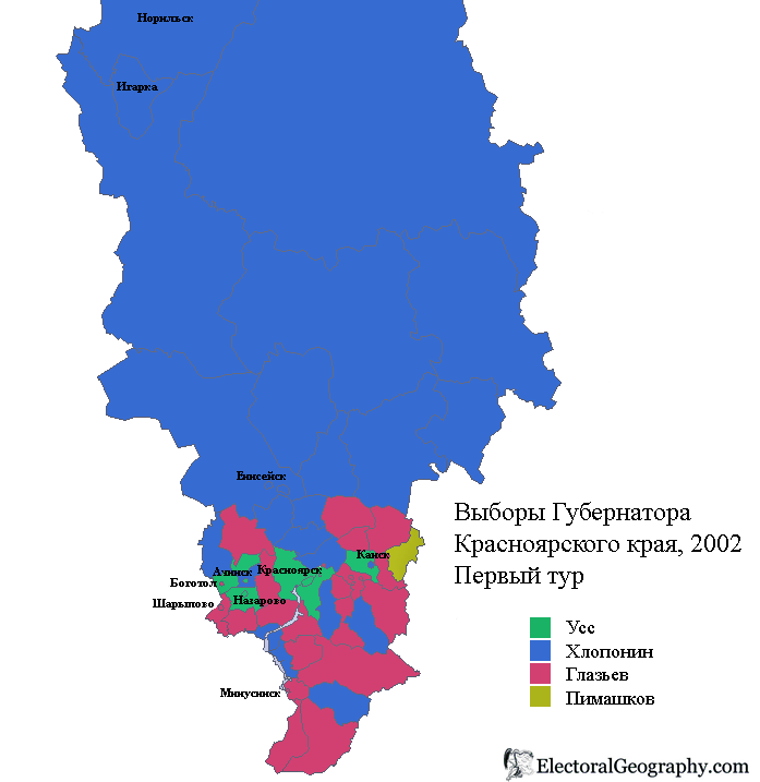 Карта победителей на выборах губернатора Красноярского края 2002