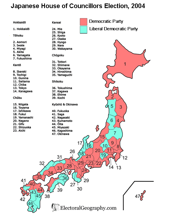 japan election house of councillors results map 2004