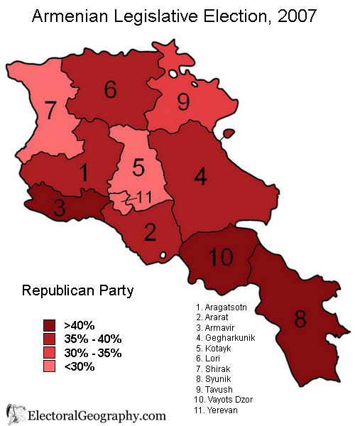 armenia legislative election 2007 map republican party