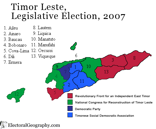 Карта результатов парламентских выборов в Восточном Тиморе 2007