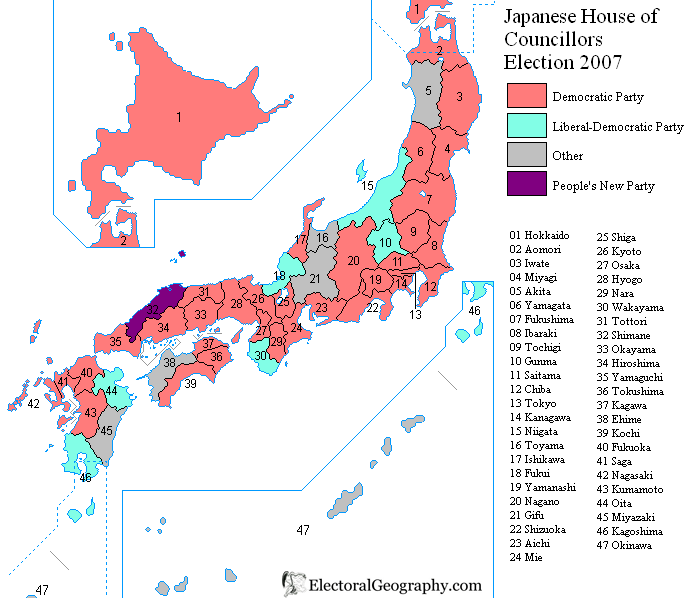 japan house of councillors election 2007 map