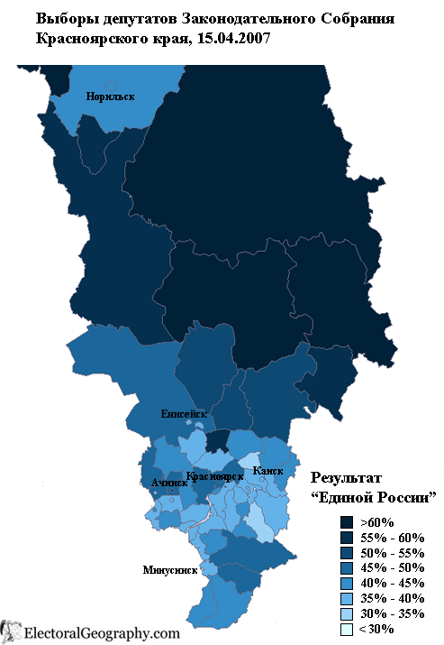красноярский край выборы законодательное собрание 2007 карта единая россия