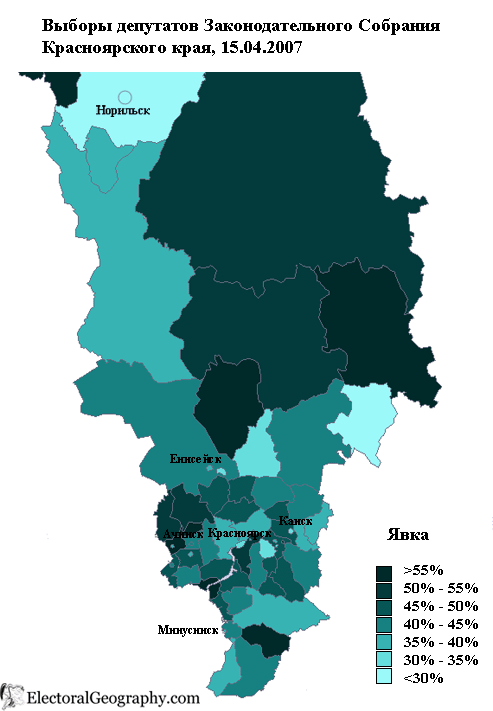 красноярский край выборы законодательное собрание 2007 карта явка