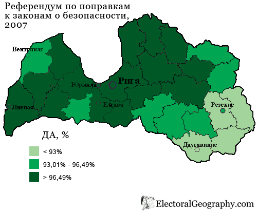 Карта результатов референдума по вопросам безопасности в Латвии, 2007