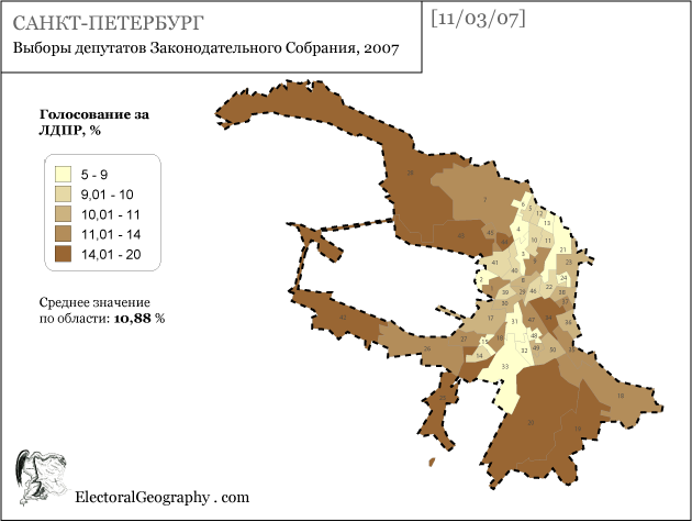 Голосование за ЛДПР на выборах в законодательное собрание Санкт-Петербурга 2007 карта