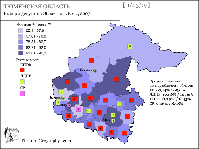 Карта голосования за партию "Единая Россия" на выборах в Тюменскую Областную Думу, 03.2007