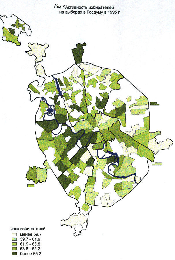 Активность избирателей на выборах в Государственную Думу в Москве, карта, 1995