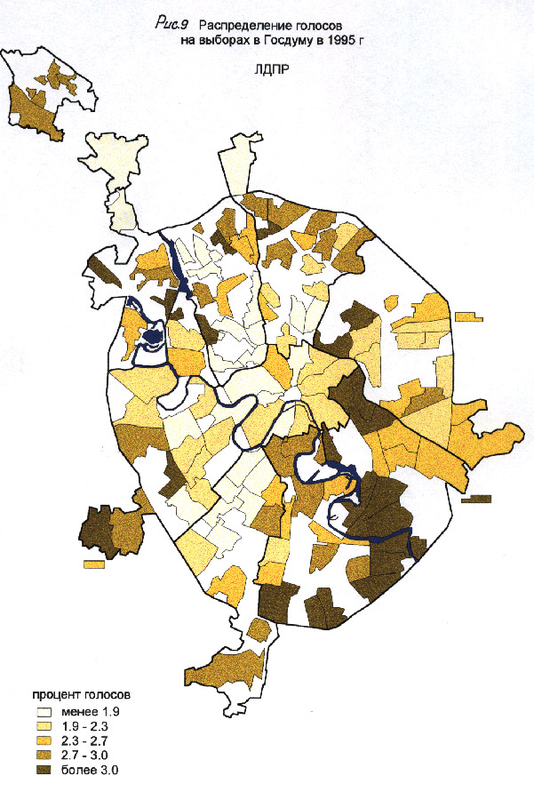 Голосование за ЛДПР на выборах в Государственную Думу в Москве, карта, 1995
